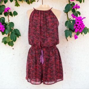 Finn & Grace Pink High Neck Halter Shorts Romper Medium Printed One-piece Sheer